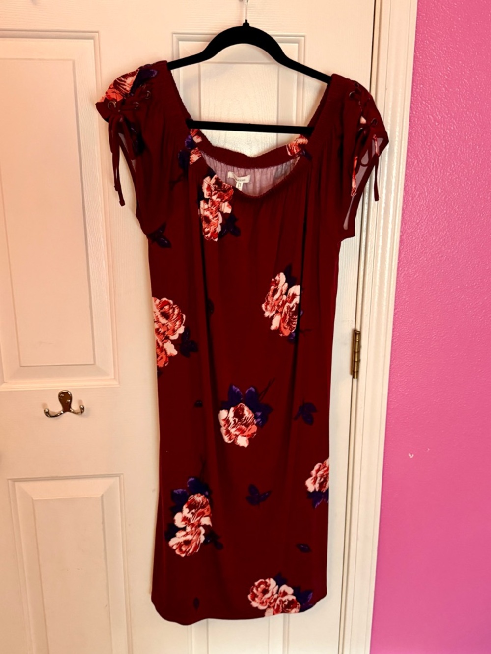 Maurices Burgundy Floral Midi Dress with Tie Sleeves